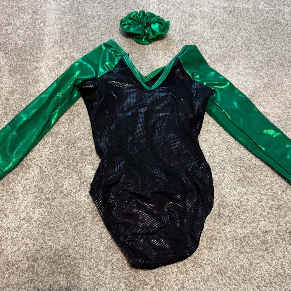 Alpha Factor Green & Black Girls Intermediate 6X-7 Gymnastics Leotard Scrunchie - Picture 2 of 6